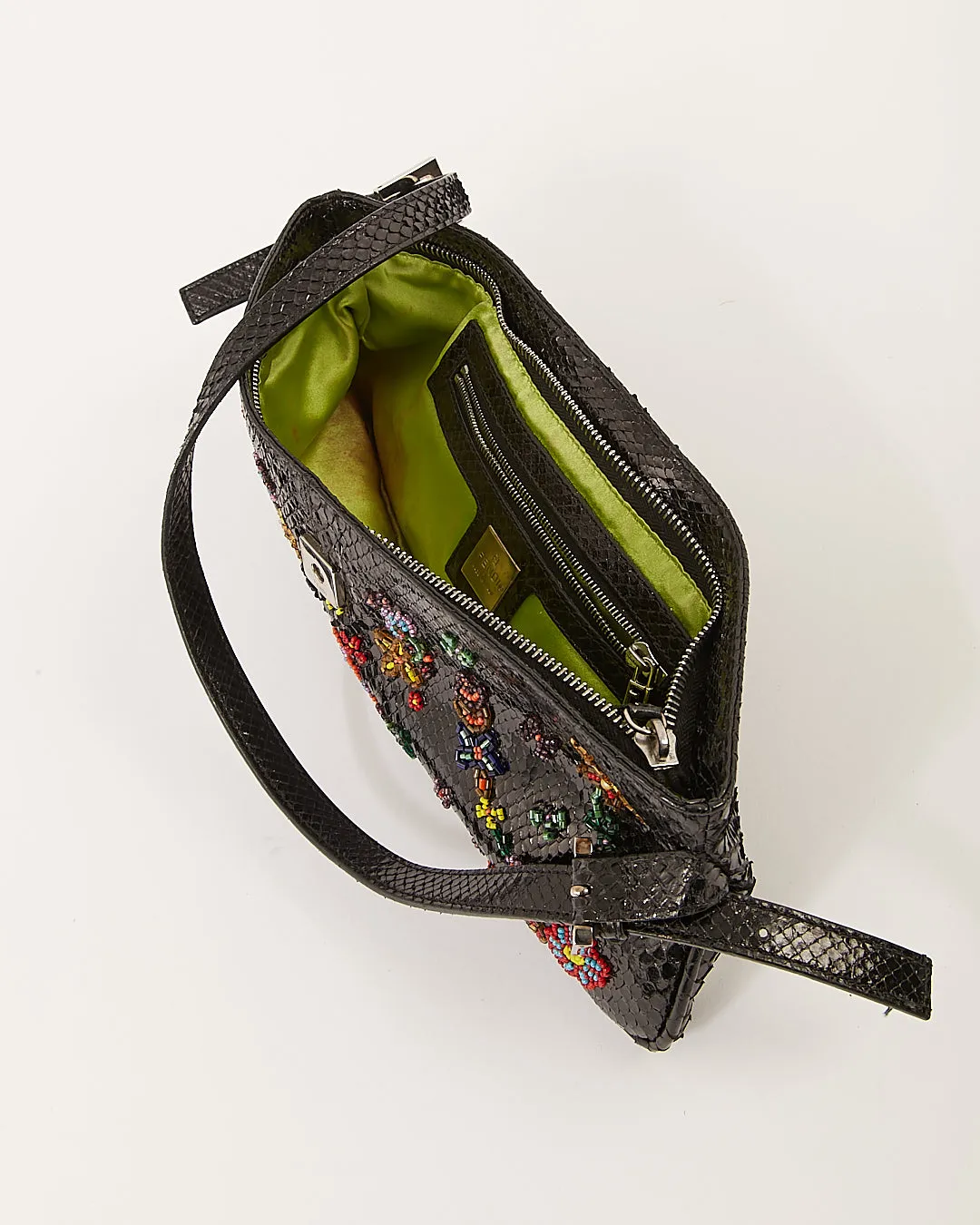 Fendi Black Python Embroidered Baguette Shoulder Bag