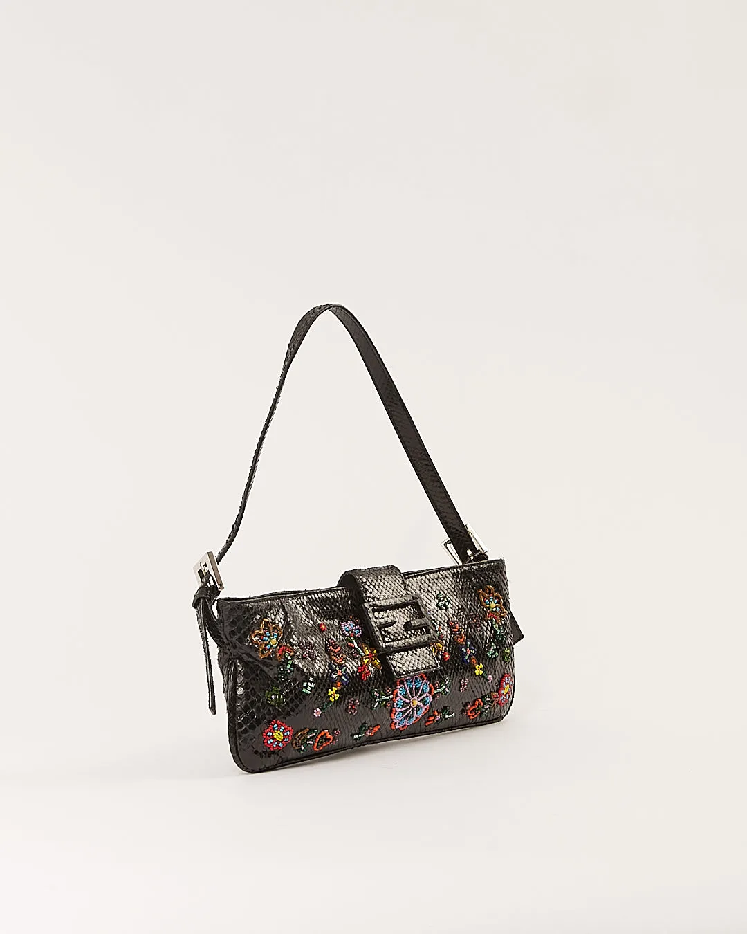 Fendi Black Python Embroidered Baguette Shoulder Bag