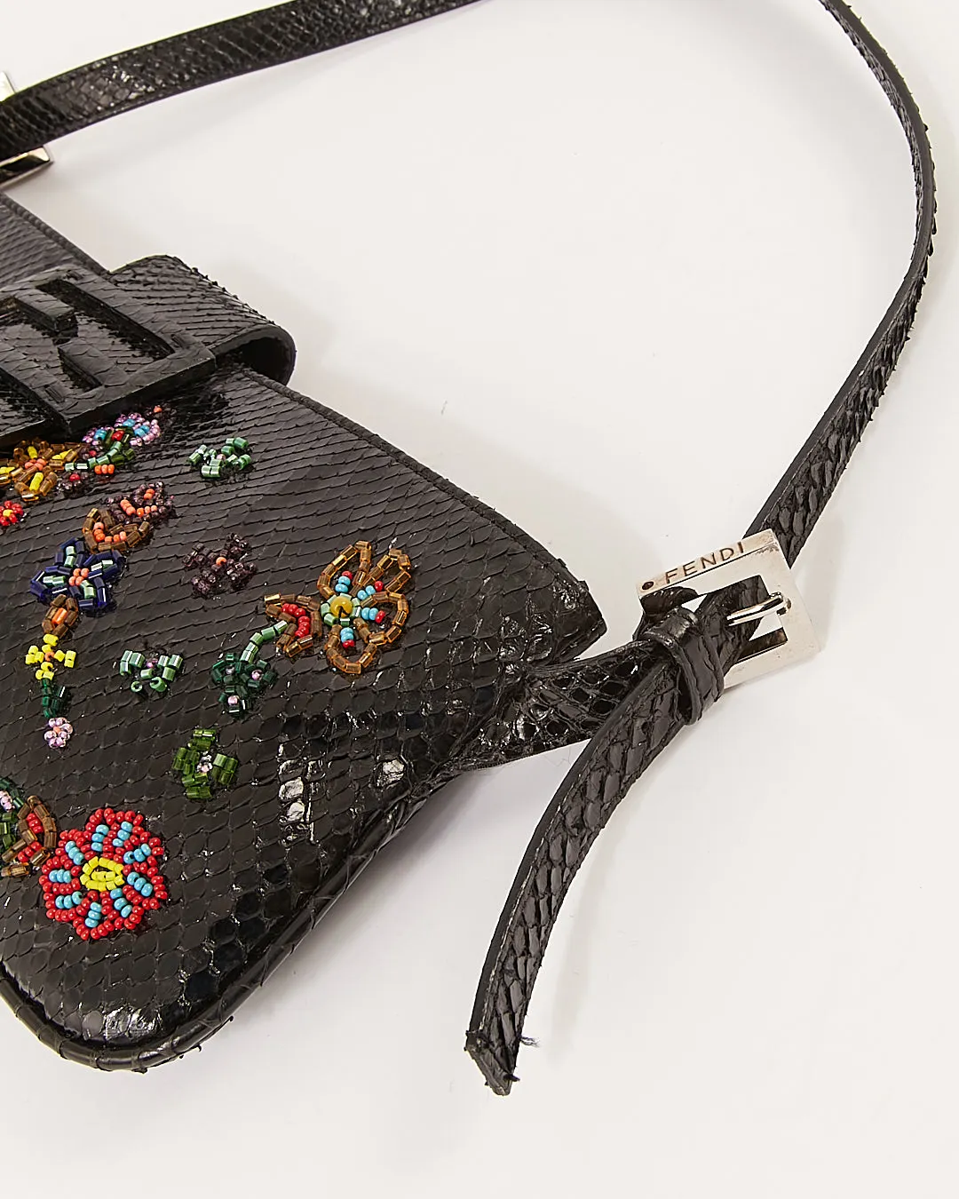 Fendi Black Python Embroidered Baguette Shoulder Bag