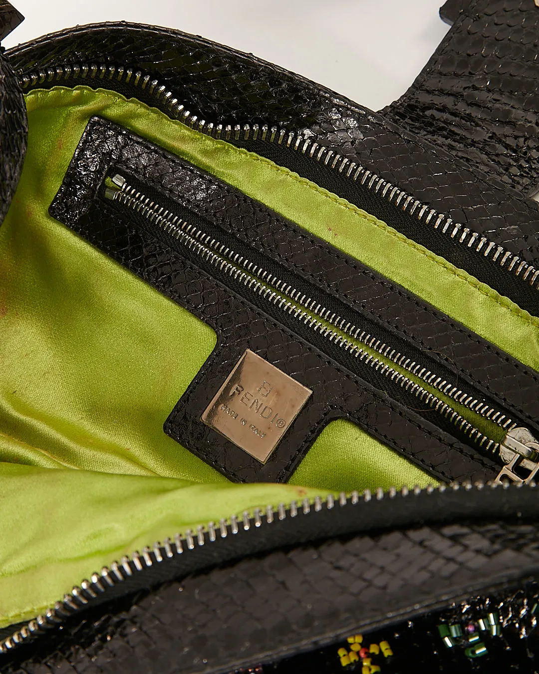 Fendi Black Python Embroidered Baguette Shoulder Bag