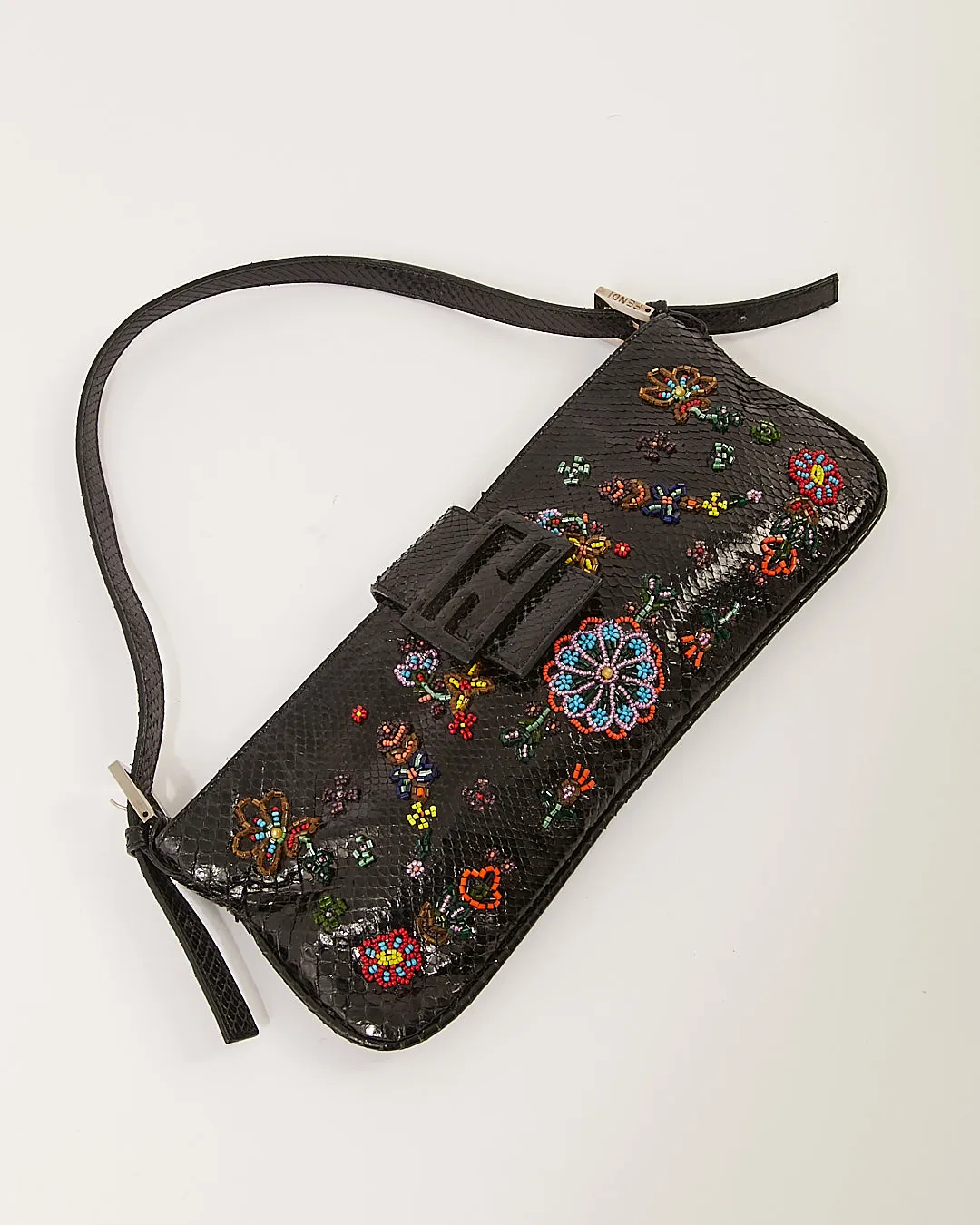 Fendi Black Python Embroidered Baguette Shoulder Bag