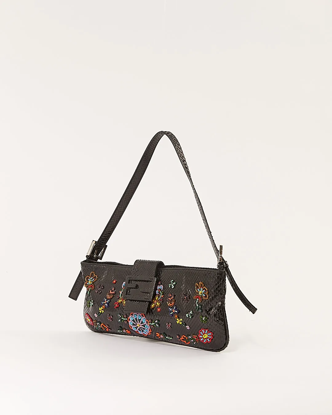 Fendi Black Python Embroidered Baguette Shoulder Bag