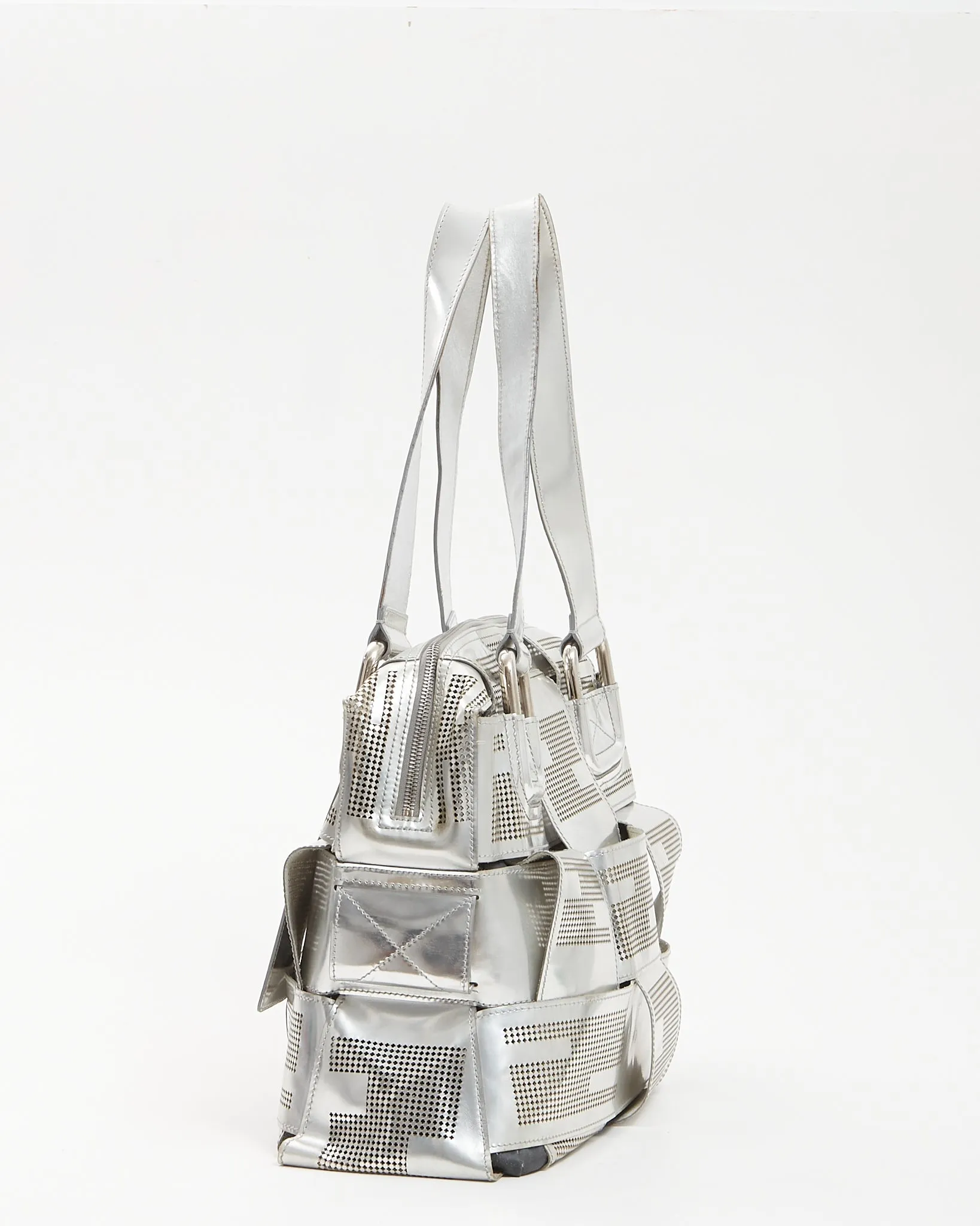 Fendi Silver Metallic Leather Crossword Tote Zipper Bag