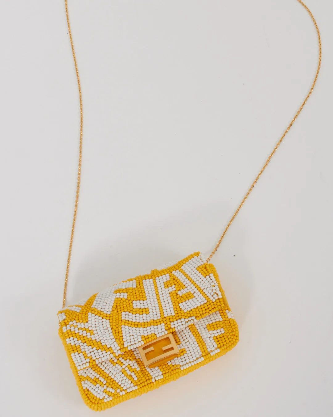 Fendi Yellow and White FF Logo Beaded Nano Baguette Charm Bag