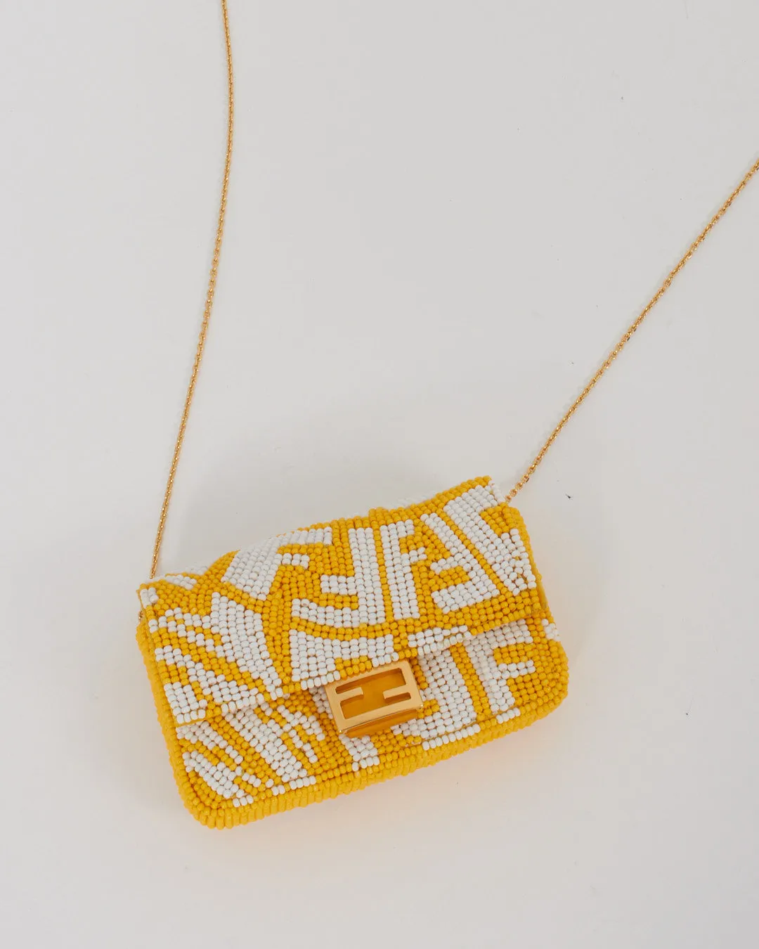 Fendi Yellow and White FF Logo Beaded Nano Baguette Charm Bag