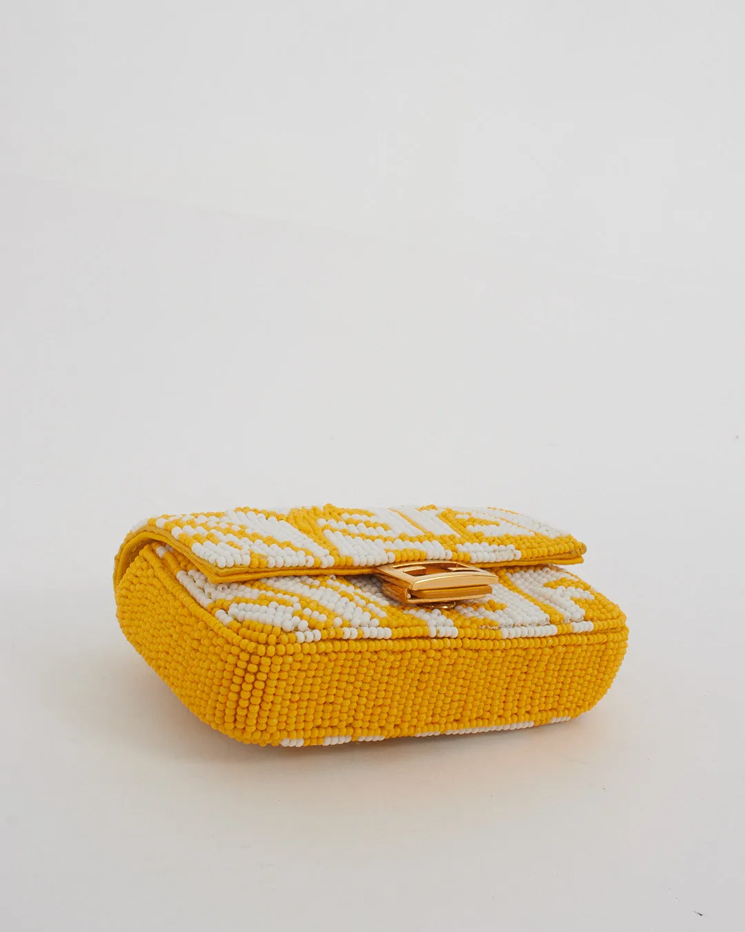 Fendi Yellow and White FF Logo Beaded Nano Baguette Charm Bag