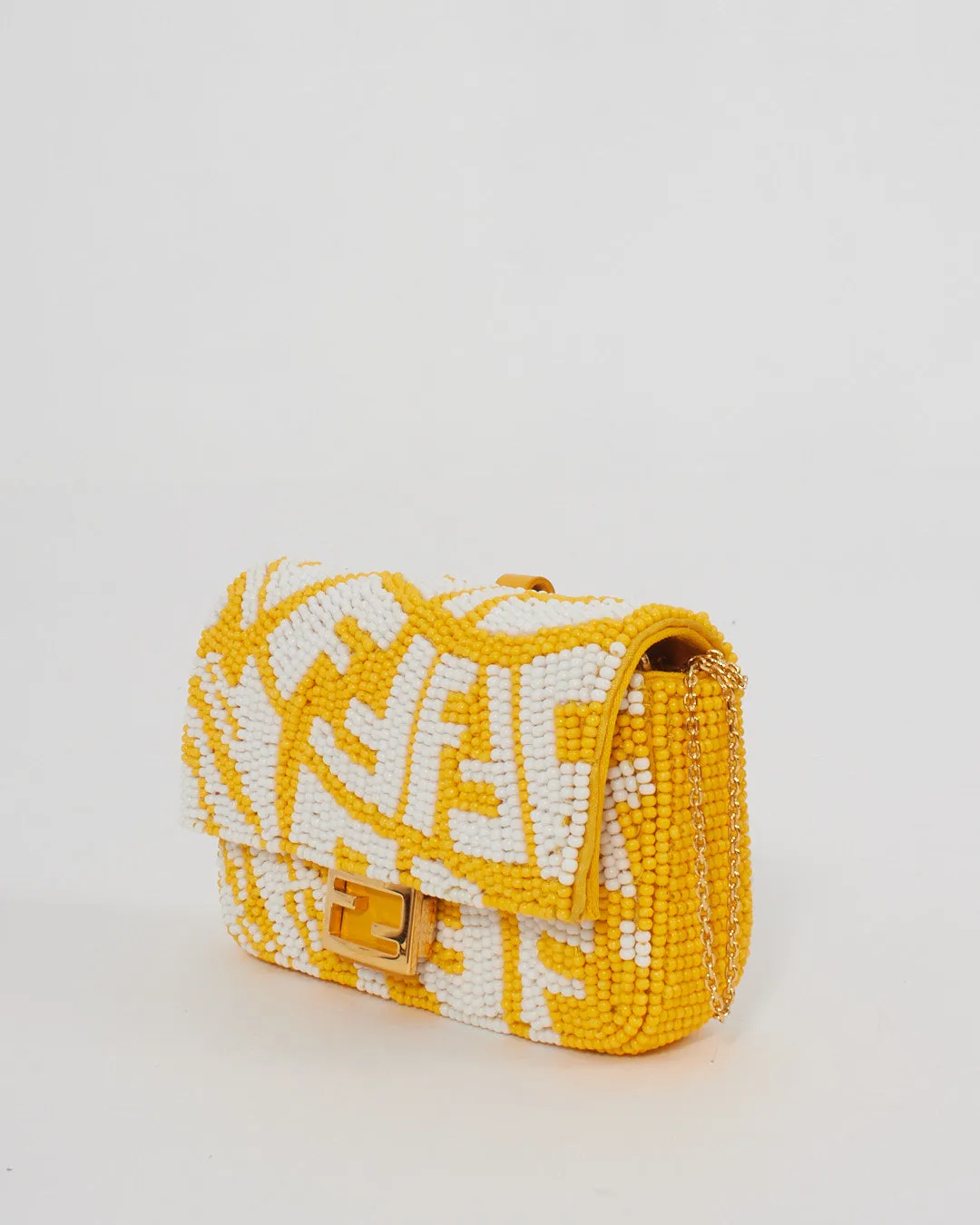 Fendi Yellow and White FF Logo Beaded Nano Baguette Charm Bag