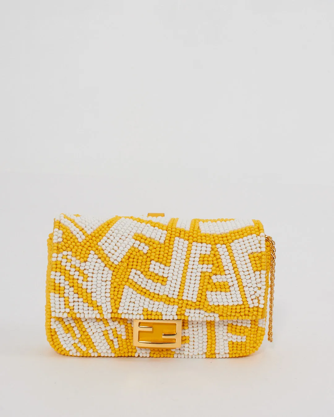Fendi Yellow and White FF Logo Beaded Nano Baguette Charm Bag