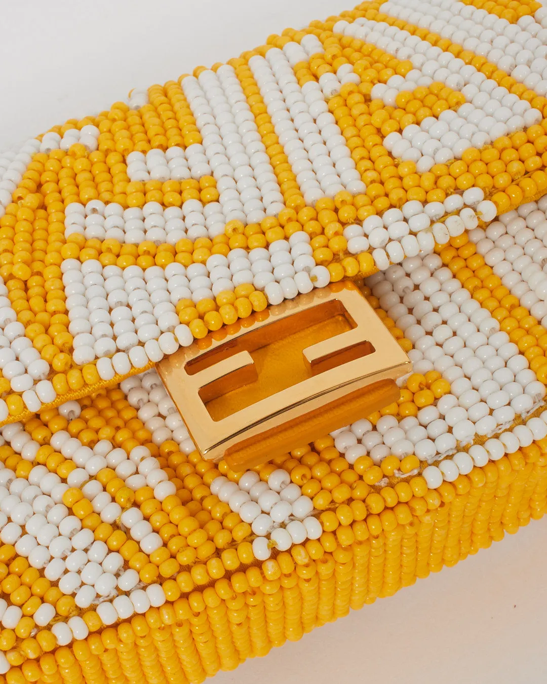 Fendi Yellow and White FF Logo Beaded Nano Baguette Charm Bag
