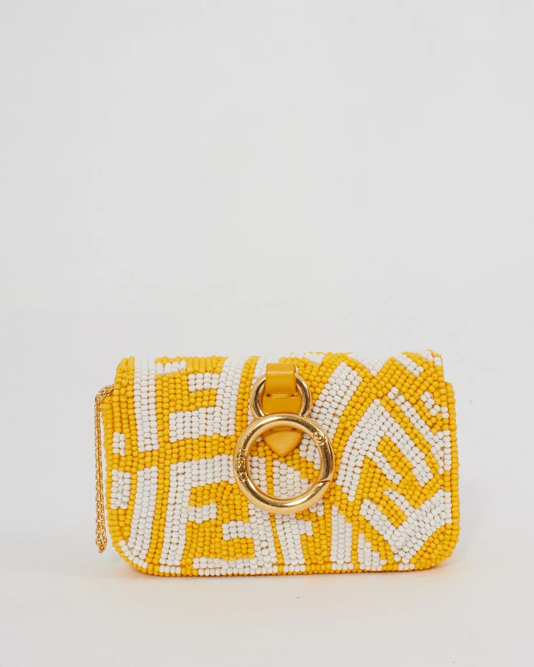 Fendi Yellow and White FF Logo Beaded Nano Baguette Charm Bag