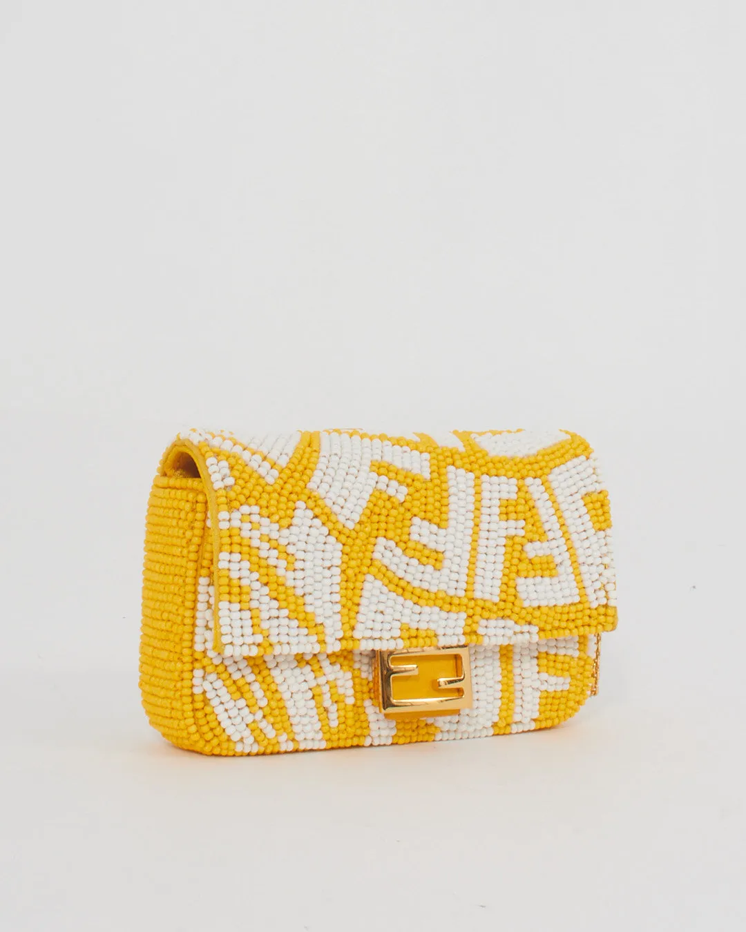 Fendi Yellow and White FF Logo Beaded Nano Baguette Charm Bag