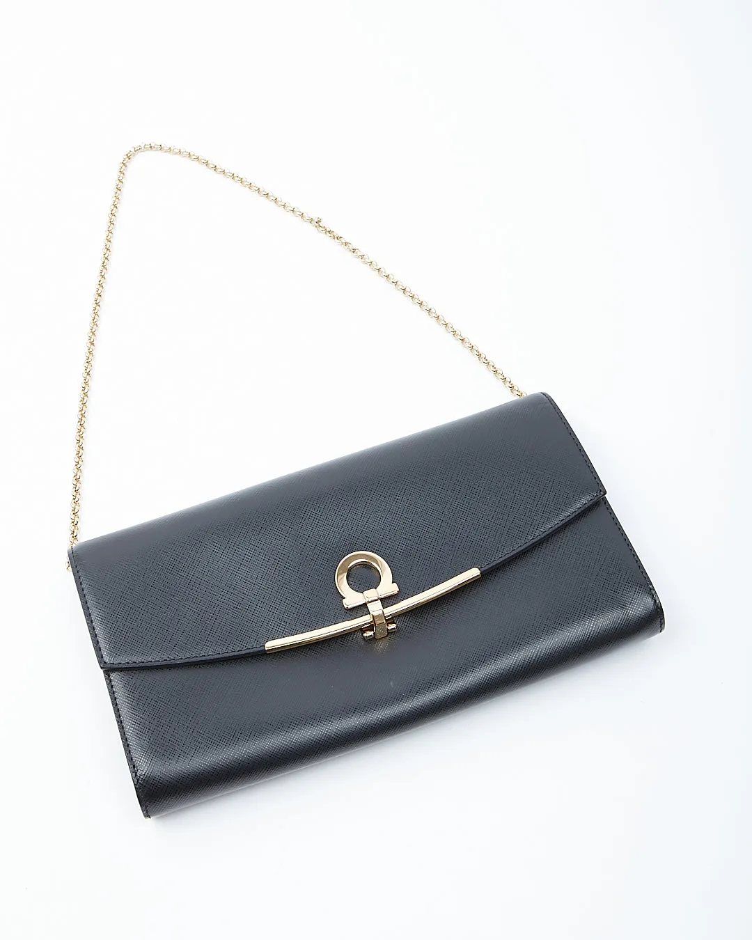Ferragamo Black Leather Flap Wallet On Chain Shoulder Bag