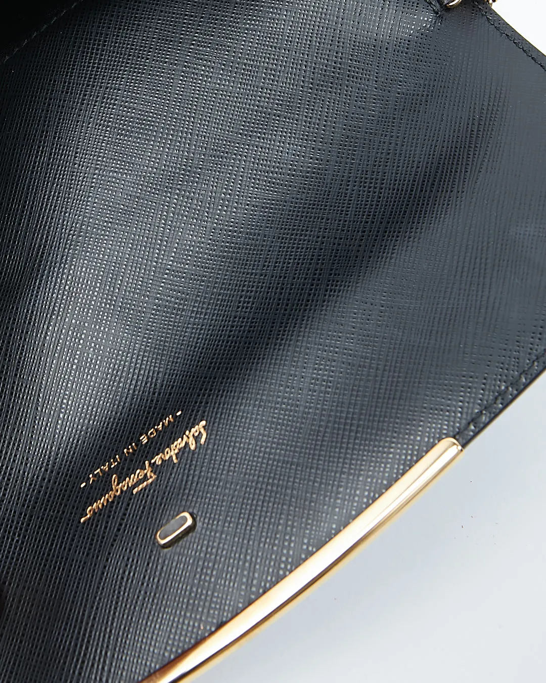 Ferragamo Black Leather Flap Wallet On Chain Shoulder Bag
