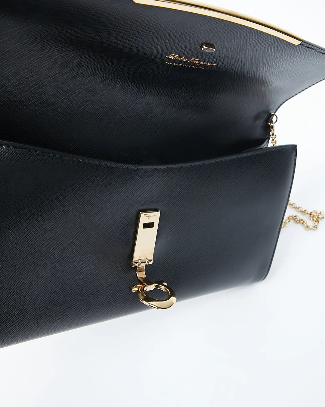 Ferragamo Black Leather Flap Wallet On Chain Shoulder Bag