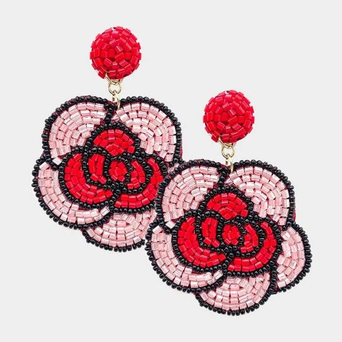 Flower Red & Pink Beaded Dangle Earrings