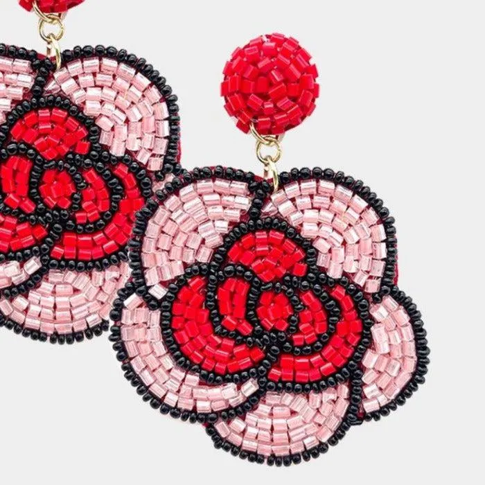 Flower Red & Pink Beaded Dangle Earrings