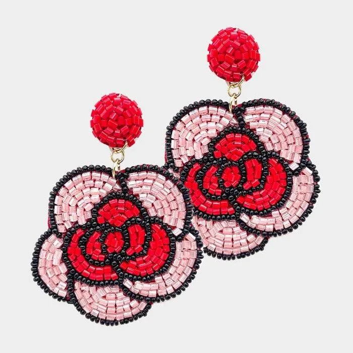 Flower Red & Pink Beaded Dangle Earrings