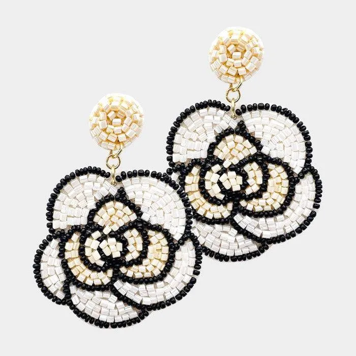 Flower White Seed Bead Dangle Earrings