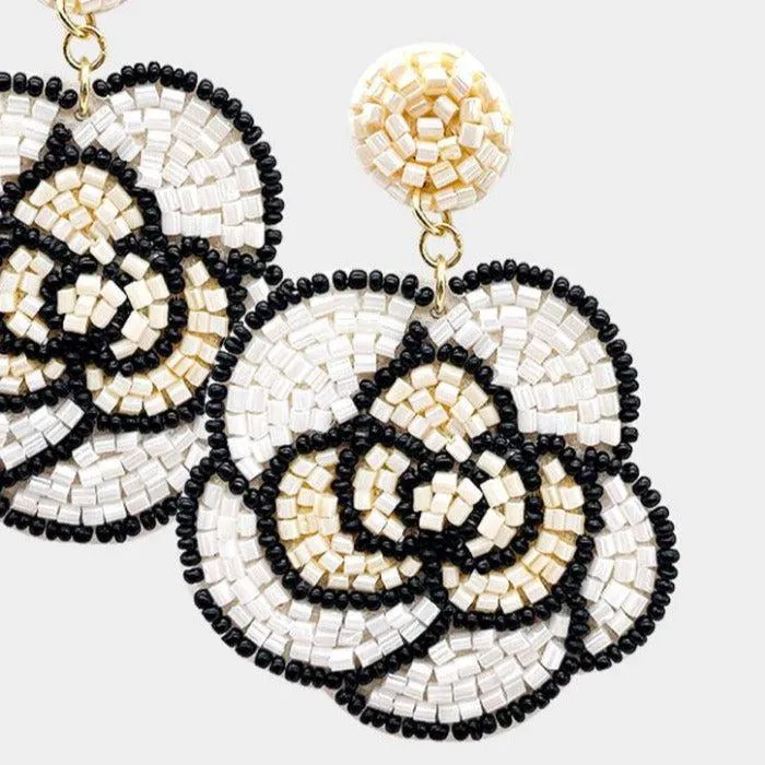 Flower White Seed Bead Dangle Earrings