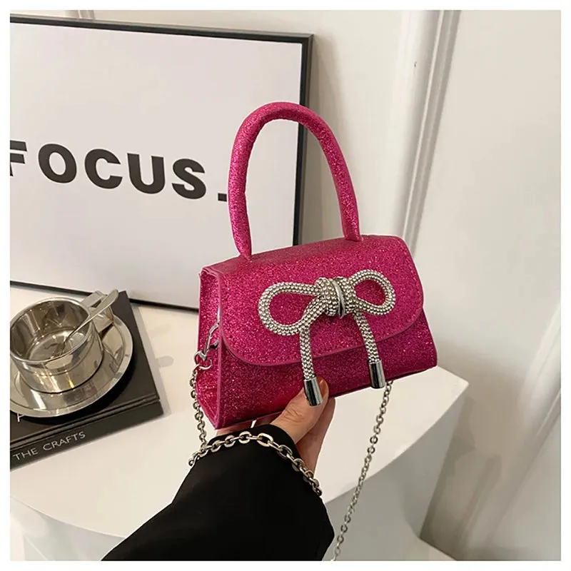 French Light Luxury Diamond Sparkling Mini Handbag Fashion Bowknot Design Chain Crossbody Bag Women's Summer New Night Club Bag