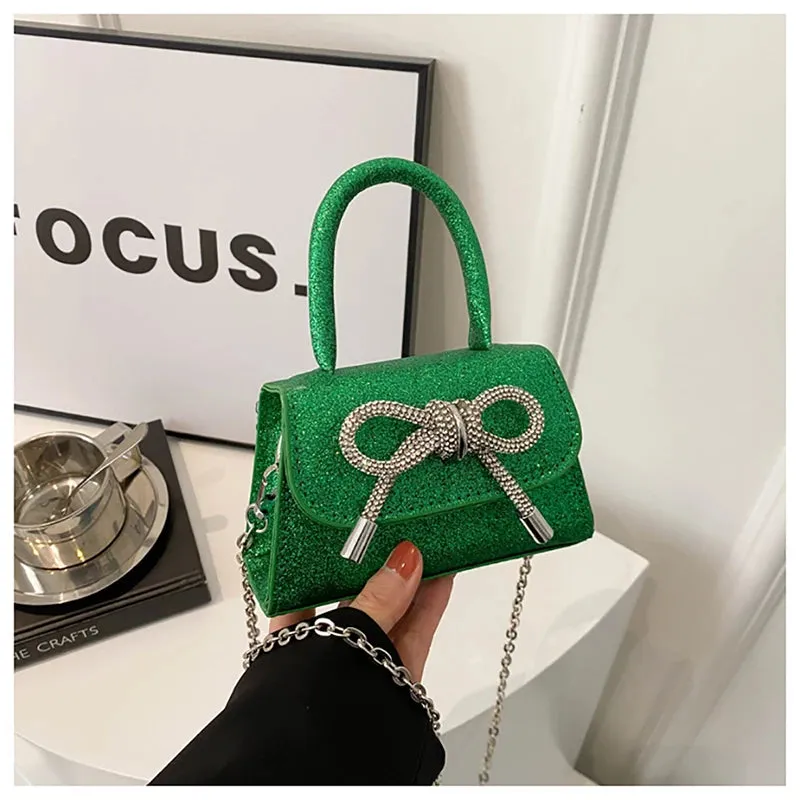 French Light Luxury Diamond Sparkling Mini Handbag Fashion Bowknot Design Chain Crossbody Bag Women's Summer New Night Club Bag