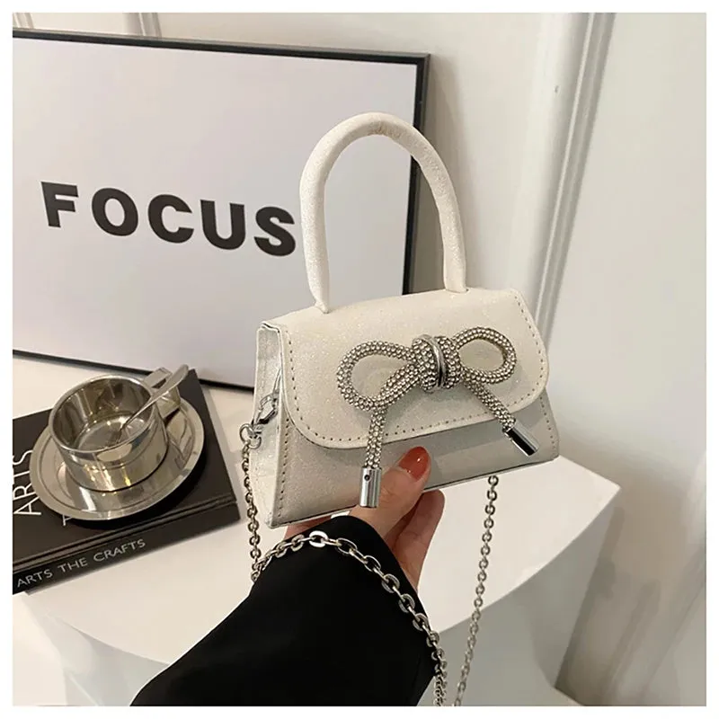 French Light Luxury Diamond Sparkling Mini Handbag Fashion Bowknot Design Chain Crossbody Bag Women's Summer New Night Club Bag