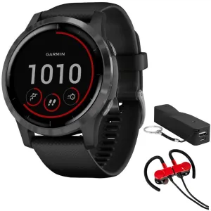 Garmin 010-02174-11 Vivoactive 4 Smartwatch (Black/Stainless)   Wireless Earbuds Bundle