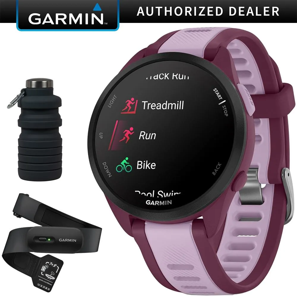 Garmin Forerunner 165 Music Smart Sport Watch, Berry   Lilac w/ HRM 200 (M-XL) Bundle