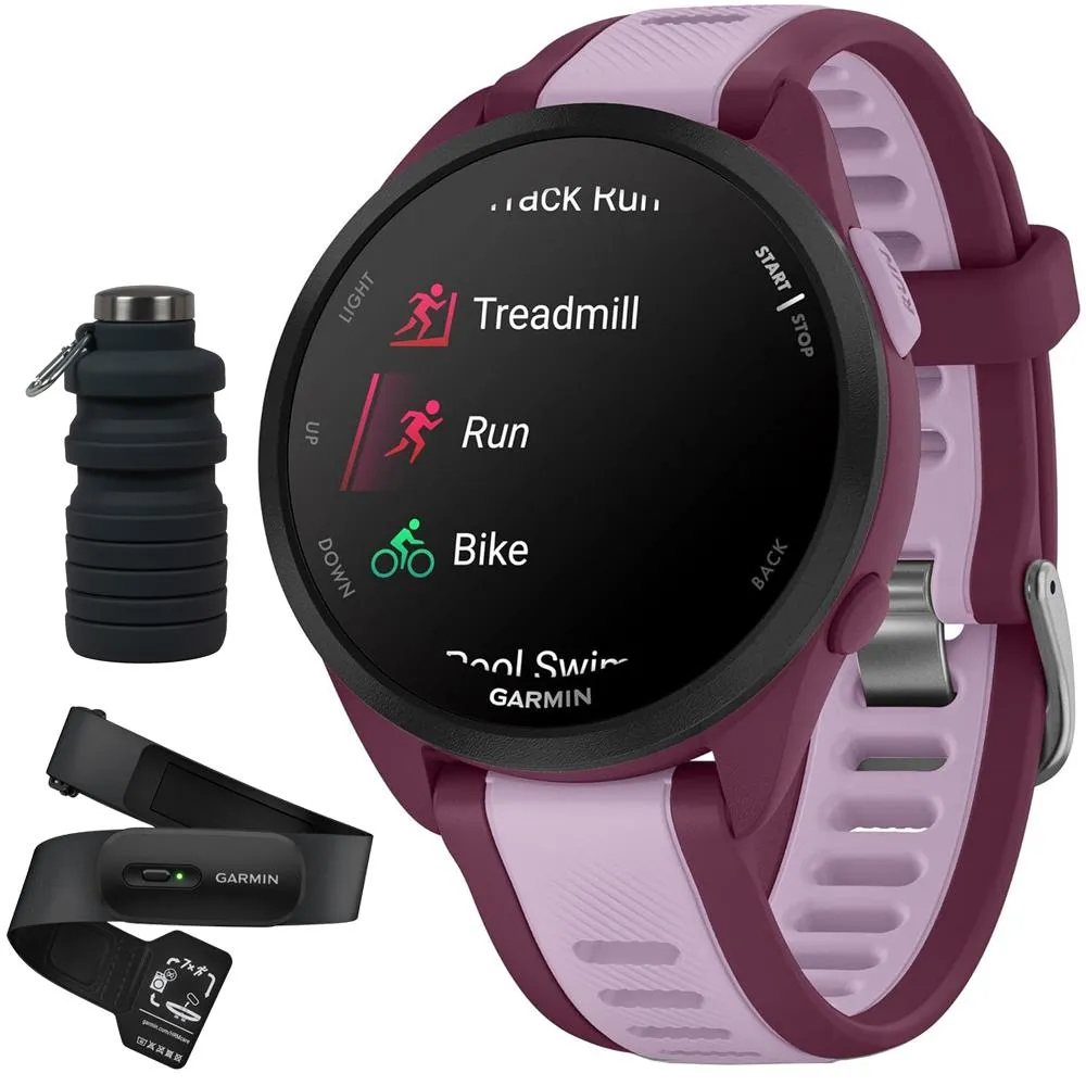 Garmin Forerunner 165 Music Smart Sport Watch, Berry   Lilac w/ HRM 200 (M-XL) Bundle