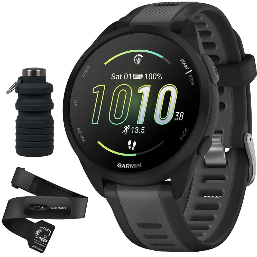 Garmin Forerunner 165 Music Smart Sport Watch, Black  Slate Gray  HRM 200 (M-XL) Bundle