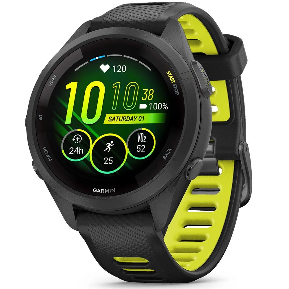Garmin Forerunner 265S GPS Smartwatch Black/Amp Yellow with Charging Dock Bundle