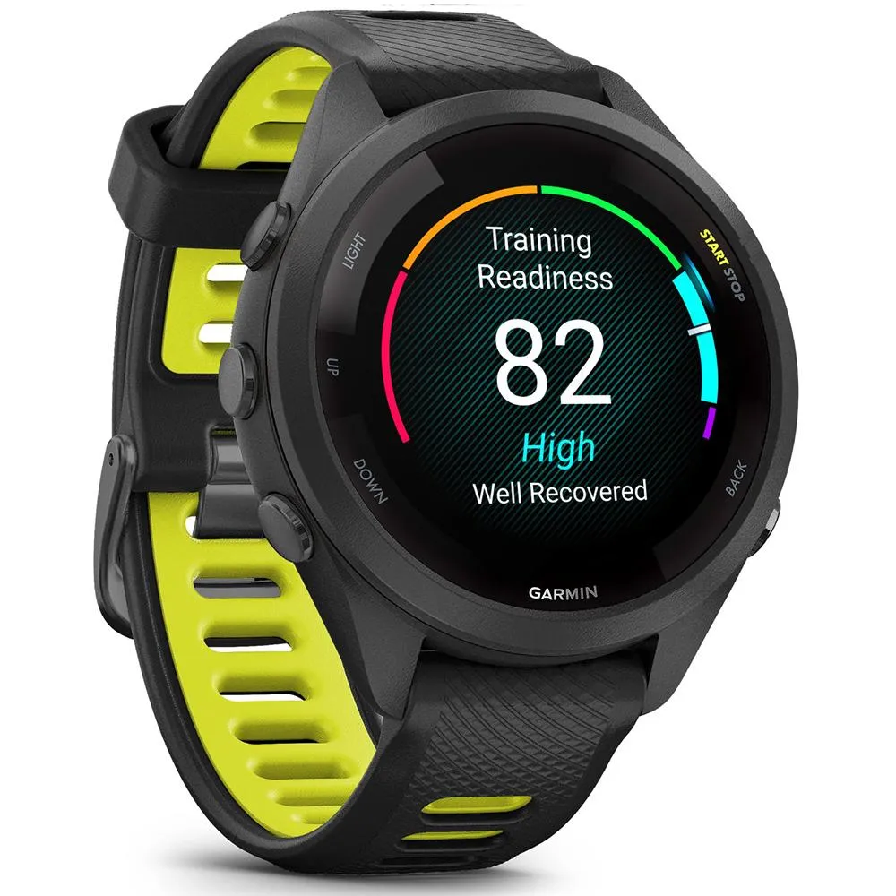 Garmin Forerunner 265S GPS Smartwatch Black/Amp Yellow with Charging Dock Bundle