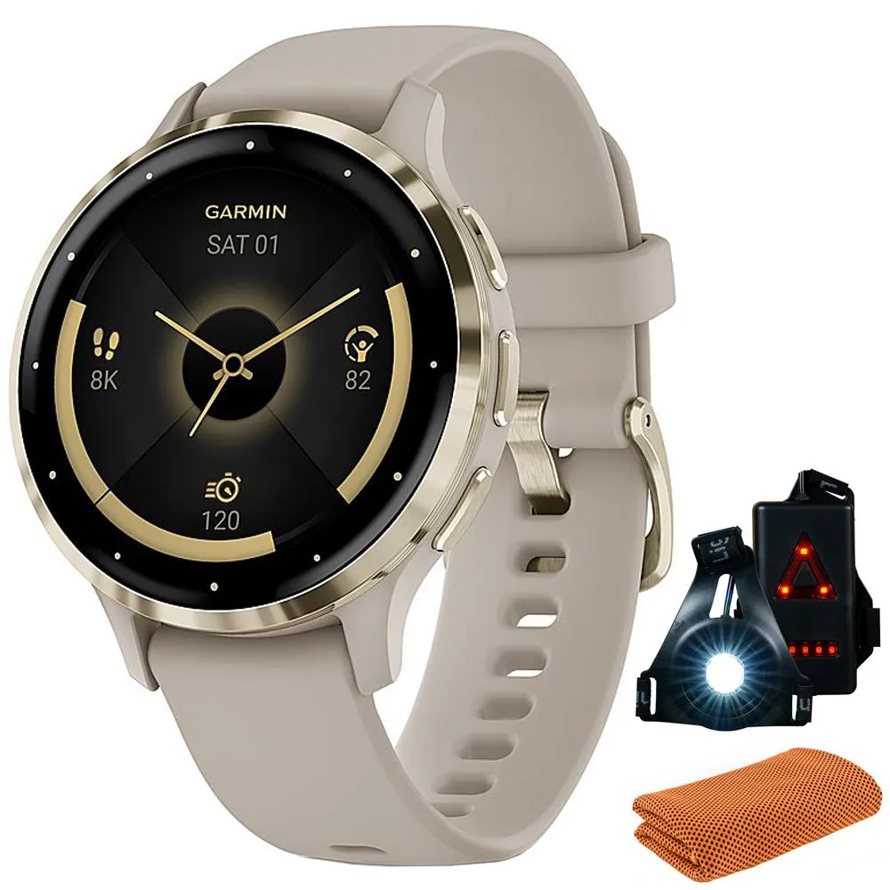 Garmin Venu 3S GPS Smartwatch Gold Steel Bezel w/French Gray Case   Accessories Kit
