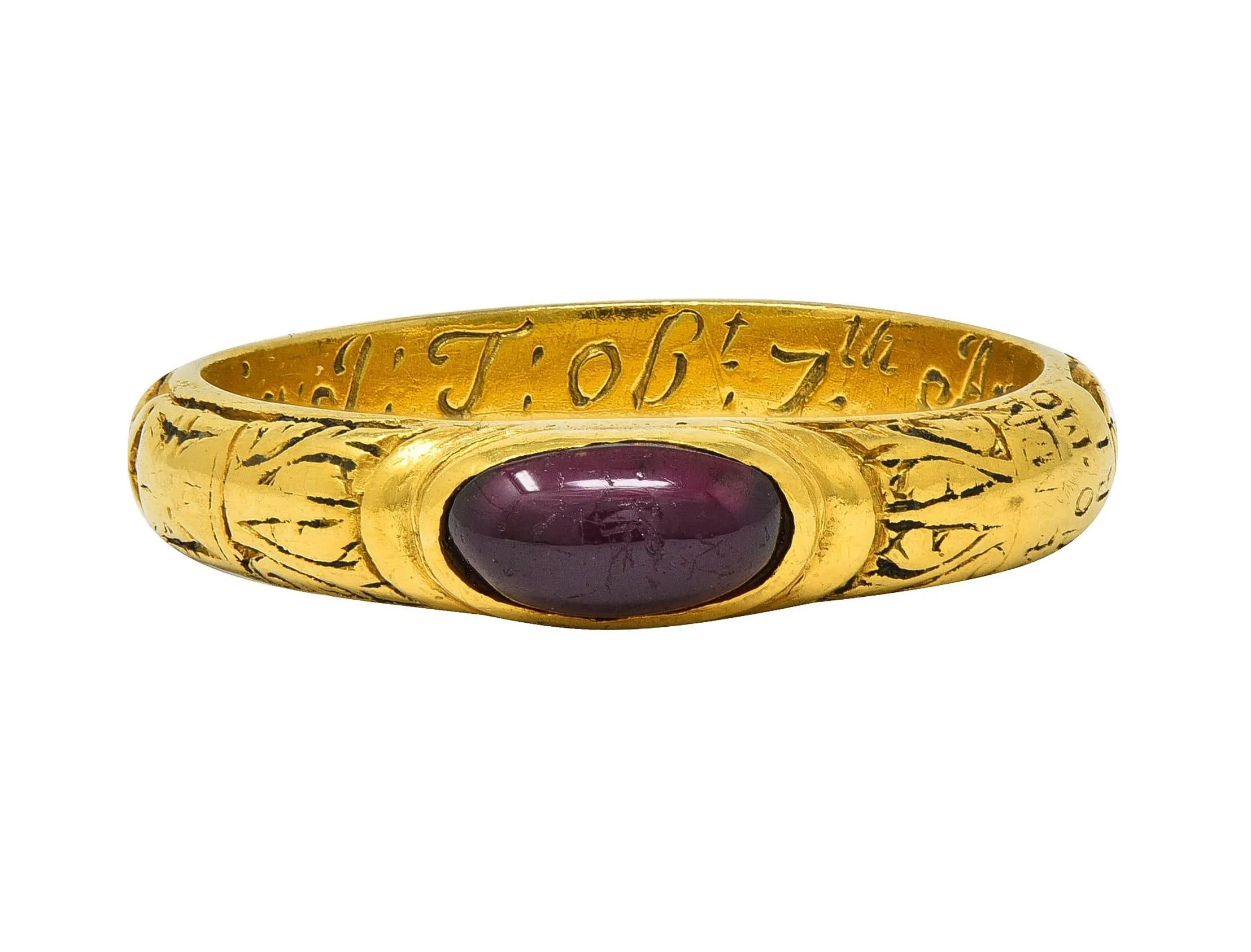 Georgian 1721 Ruby 18 Karat Yellow Gold Antique Memento Mori Mourning Unisex Band Ring