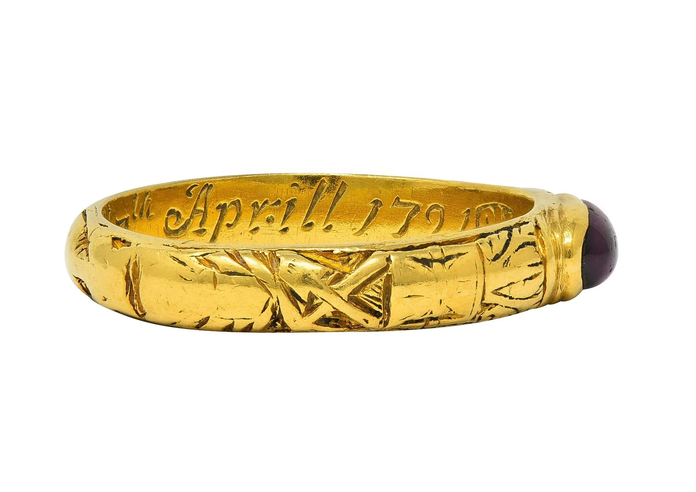 Georgian 1721 Ruby 18 Karat Yellow Gold Antique Memento Mori Mourning Unisex Band Ring