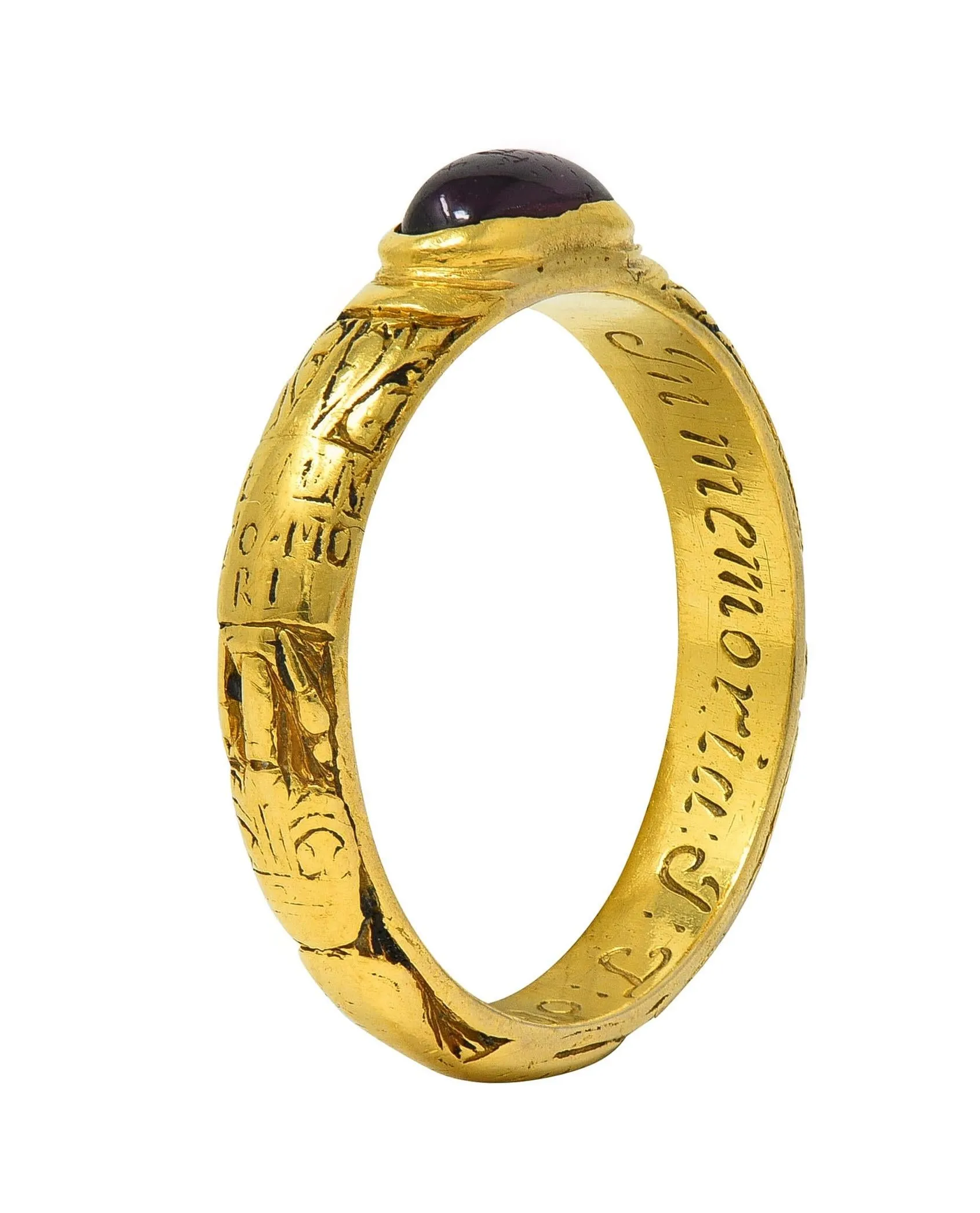 Georgian 1721 Ruby 18 Karat Yellow Gold Antique Memento Mori Mourning Unisex Band Ring