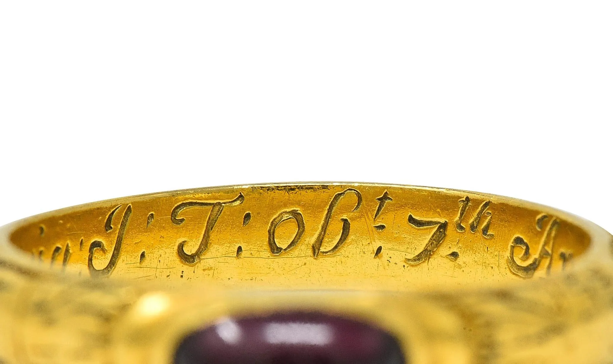 Georgian 1721 Ruby 18 Karat Yellow Gold Antique Memento Mori Mourning Unisex Band Ring