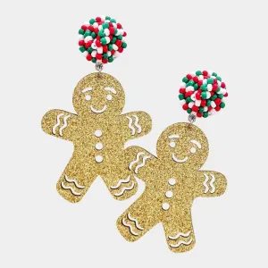 Gingerbread Man Gold Glitter Dangle Earrings