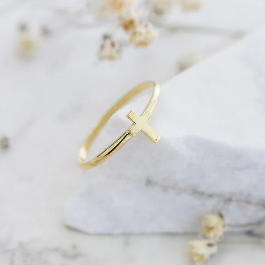 Gold Cross Ring with Tiny Band Christian Religious Jewelry