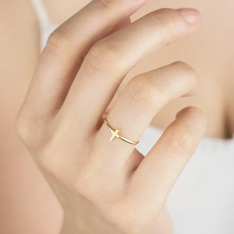 Gold Cross Ring with Tiny Band Christian Religious Jewelry