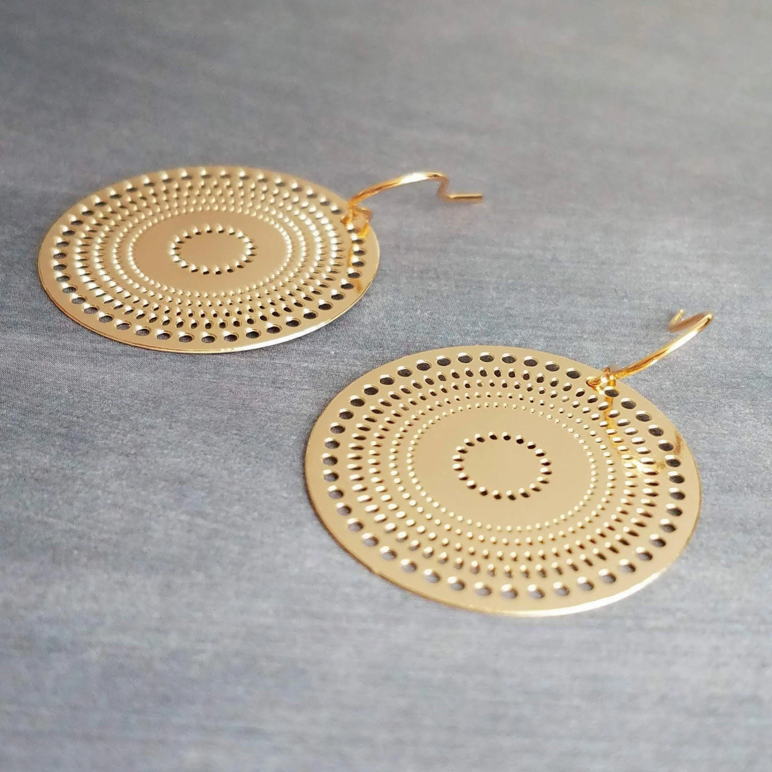 Gold Disk Earrings, dotted circle earrings, small round earring, mandala earring, gold coin earrings, punched dots 1 in small thin gold disc