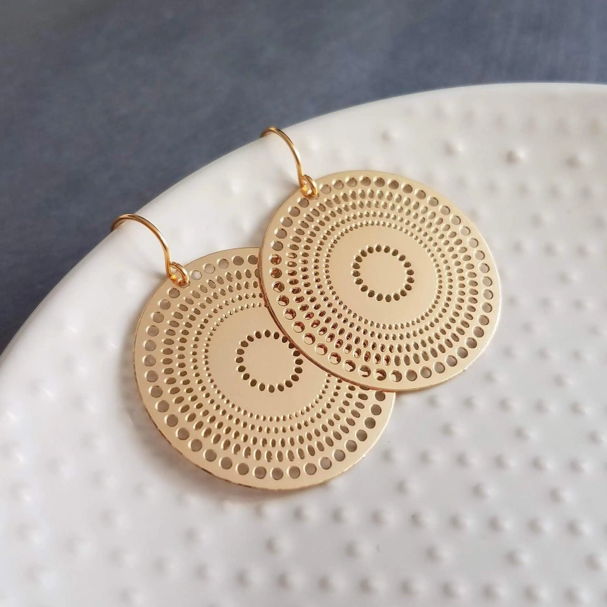 Gold Disk Earrings, dotted circle earrings, small round earring, mandala earring, gold coin earrings, punched dots 1 in small thin gold disc