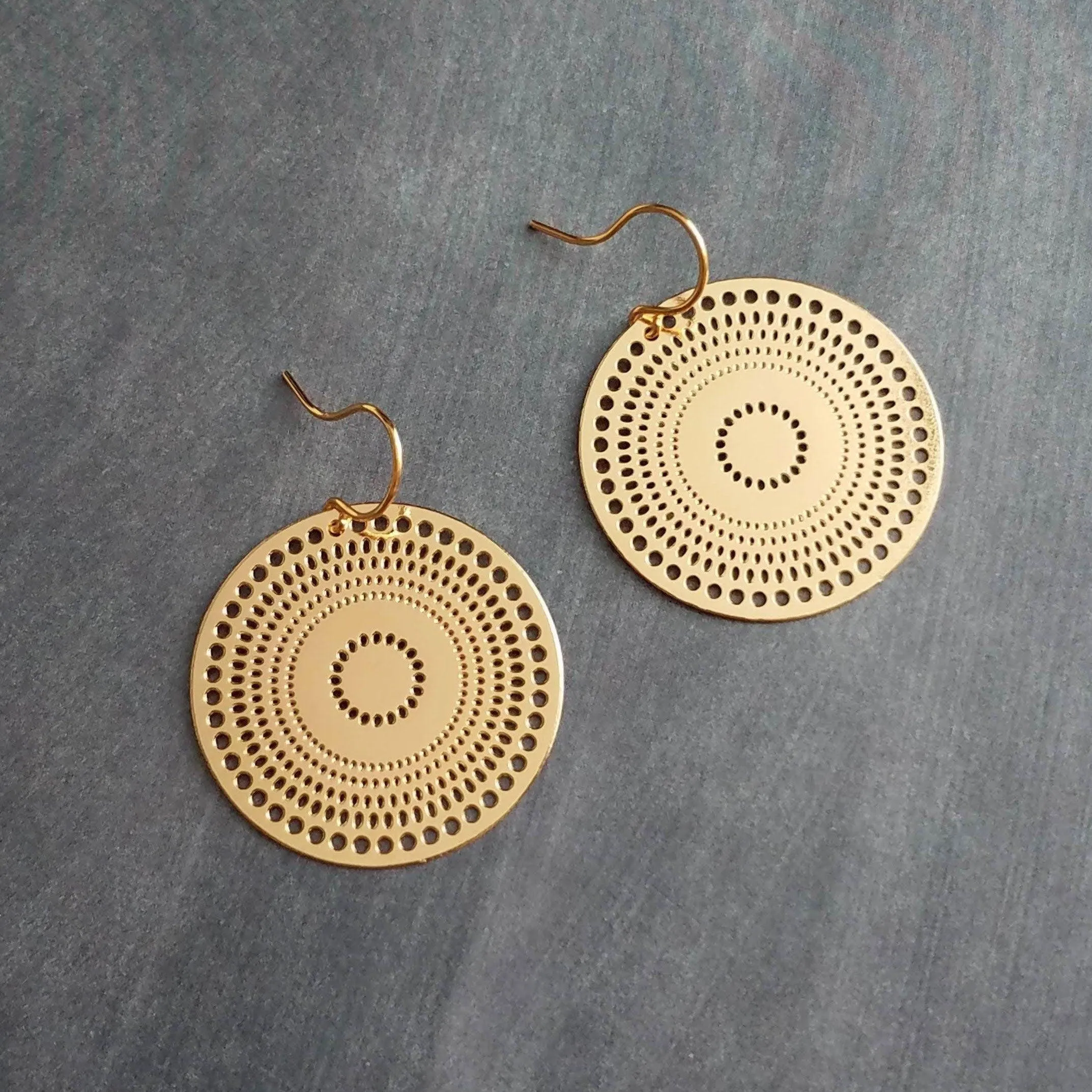 Gold Disk Earrings, dotted circle earrings, small round earring, mandala earring, gold coin earrings, punched dots 1 in small thin gold disc