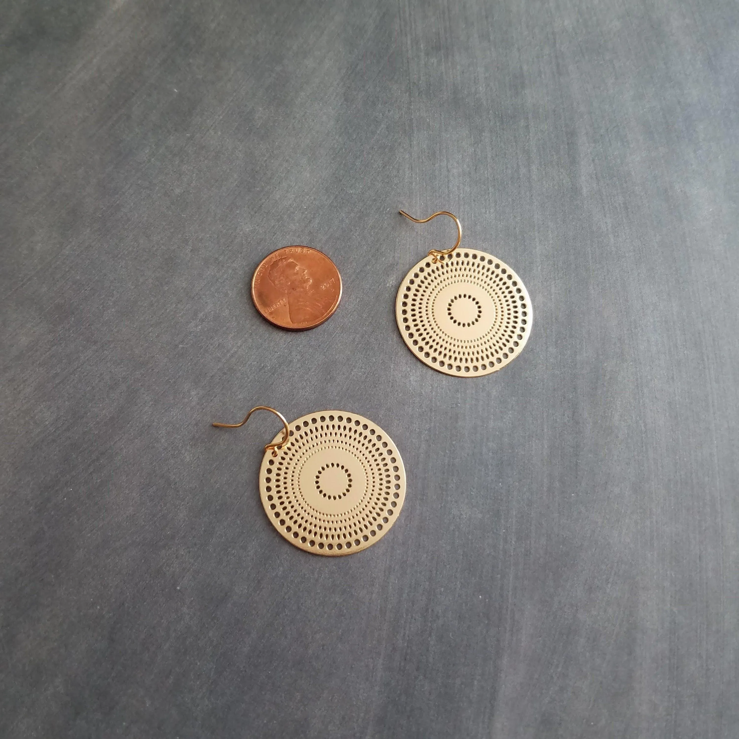 Gold Disk Earrings, dotted circle earrings, small round earring, mandala earring, gold coin earrings, punched dots 1 in small thin gold disc