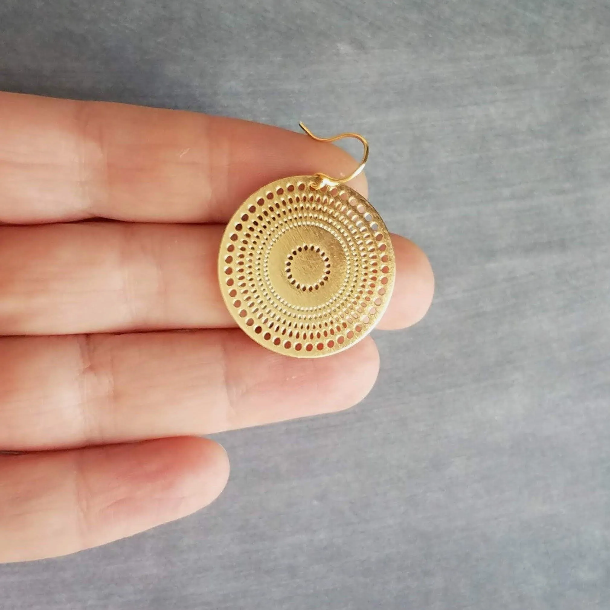 Gold Disk Earrings, dotted circle earrings, small round earring, mandala earring, gold coin earrings, punched dots 1 in small thin gold disc