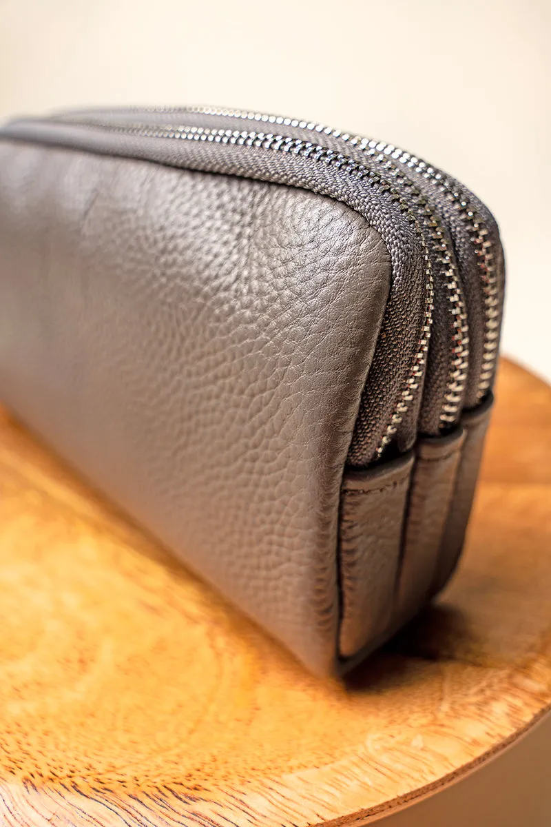 Gray Genuine Leather Triple Zip Wristlet