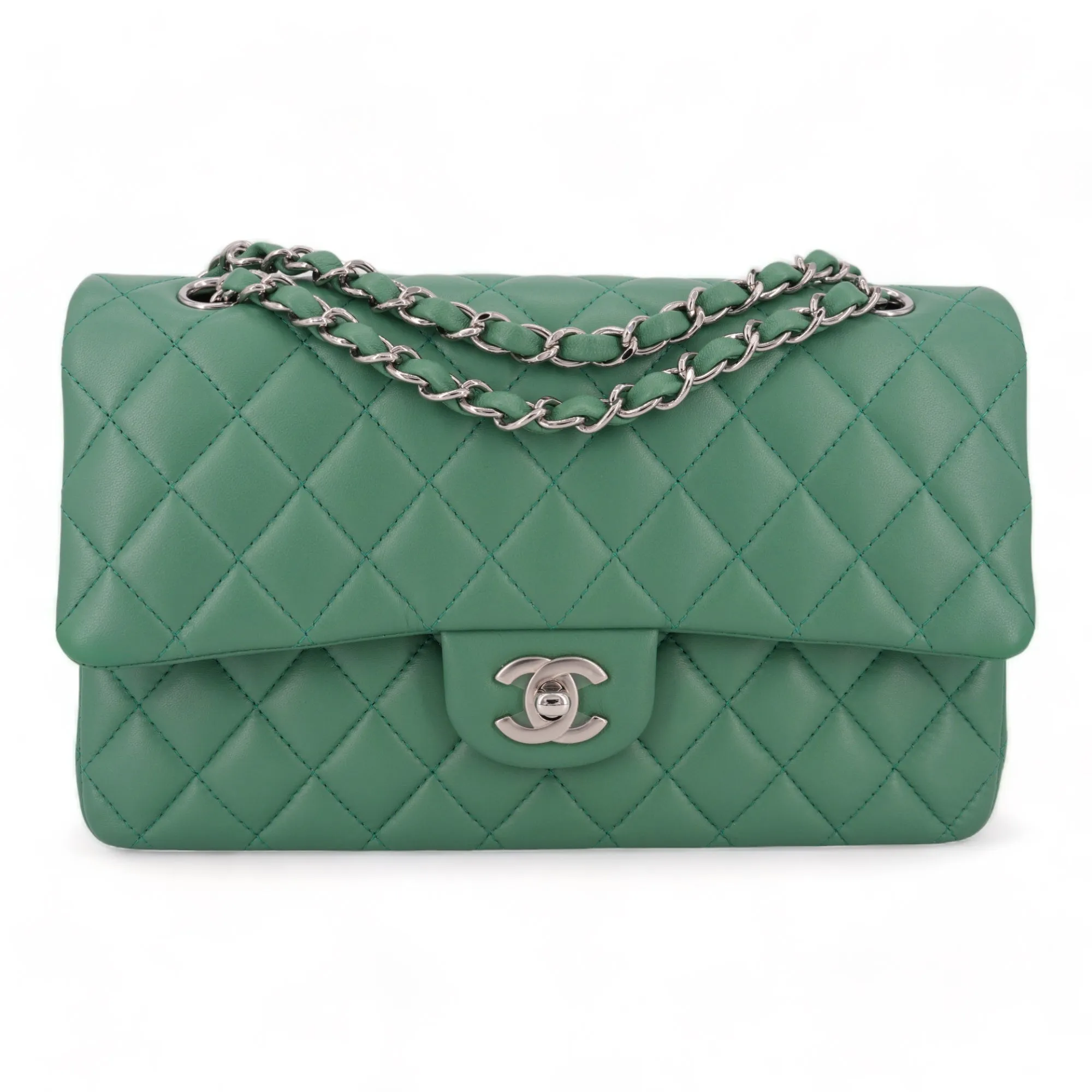 Green Lambskin Medium Classic Double Flap Bag