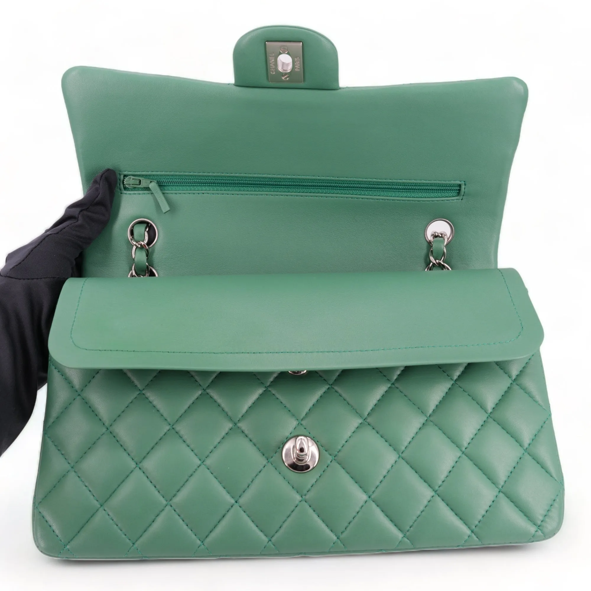 Green Lambskin Medium Classic Double Flap Bag