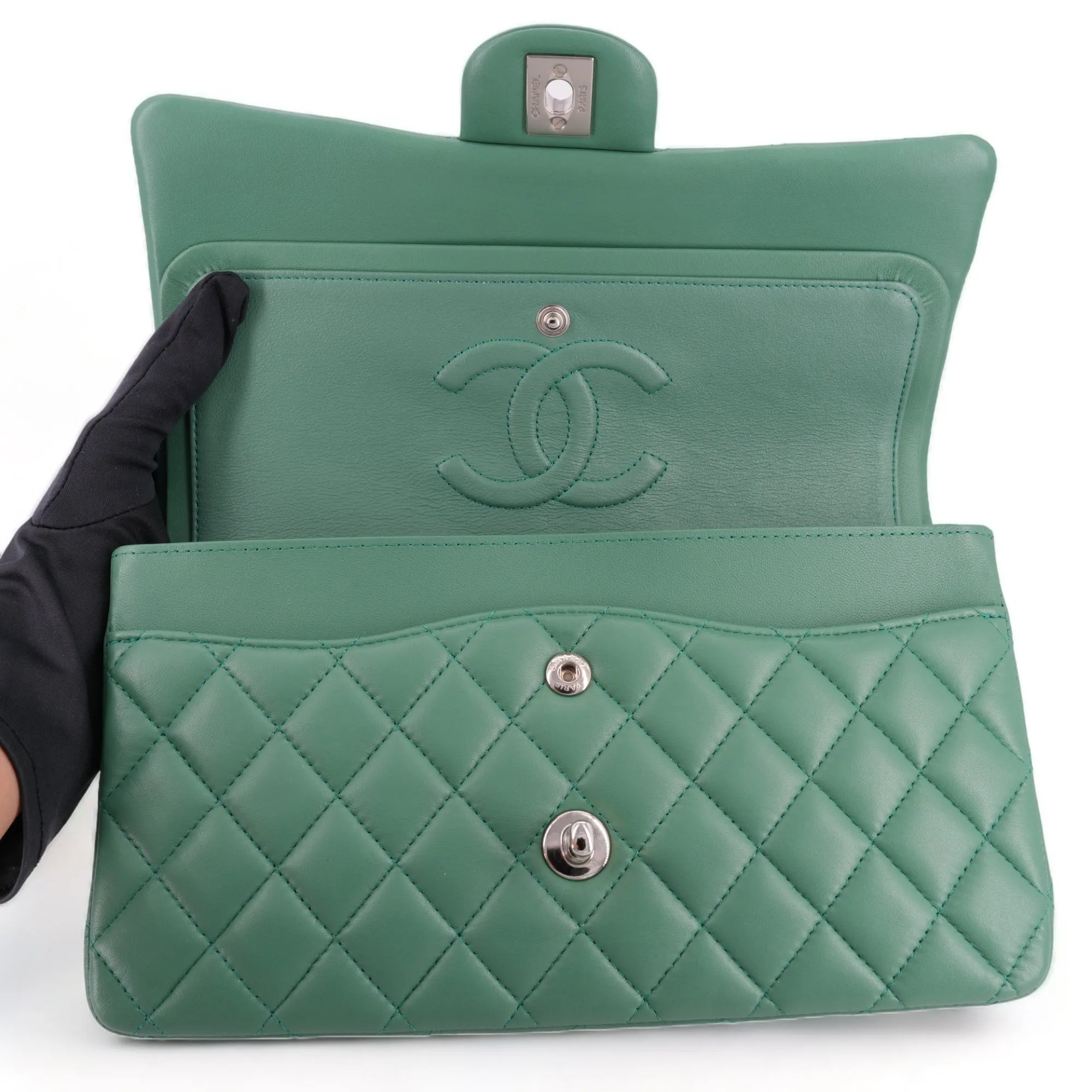Green Lambskin Medium Classic Double Flap Bag