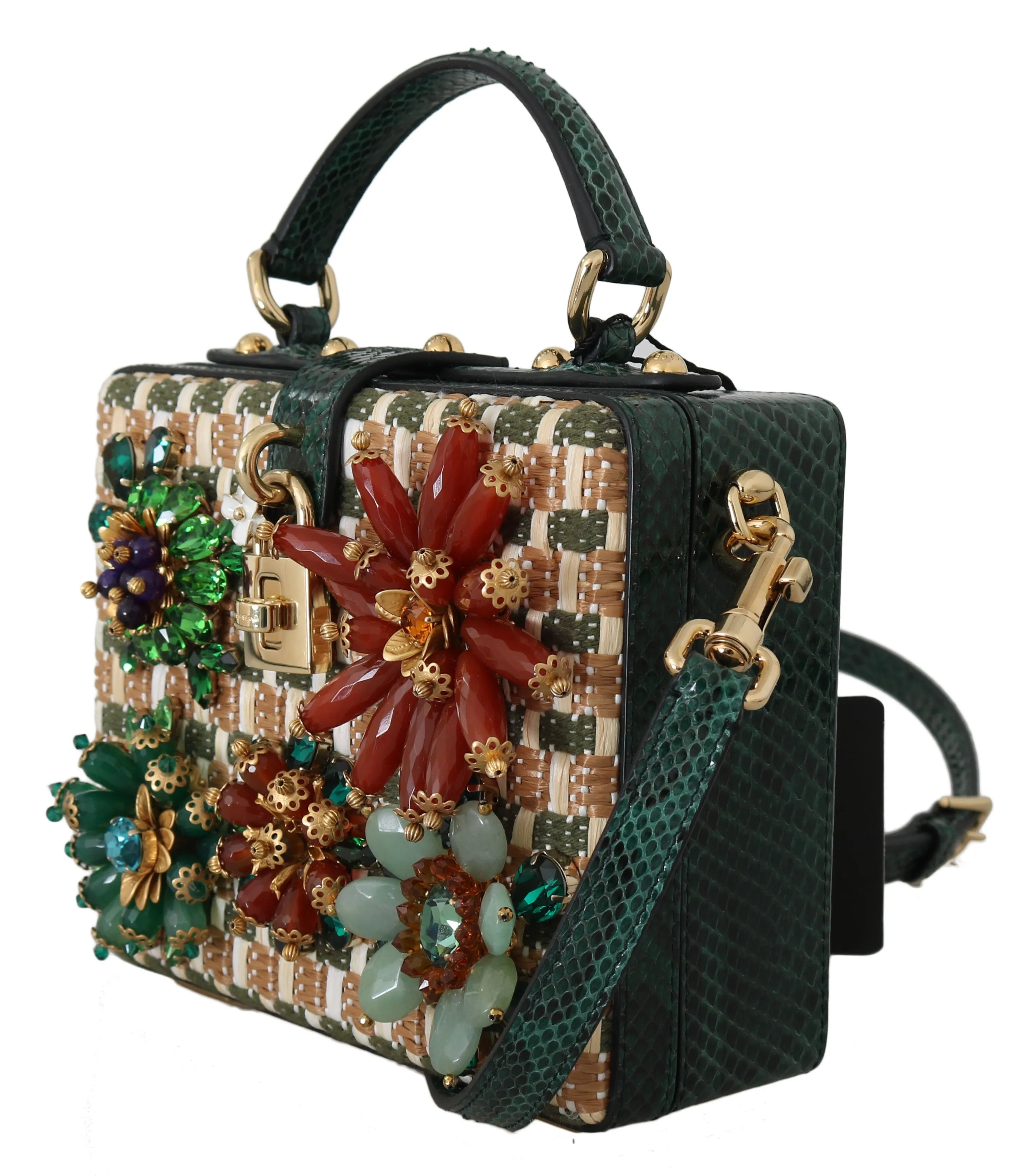Green Python Crystal Raffia Leather BOX HandBag